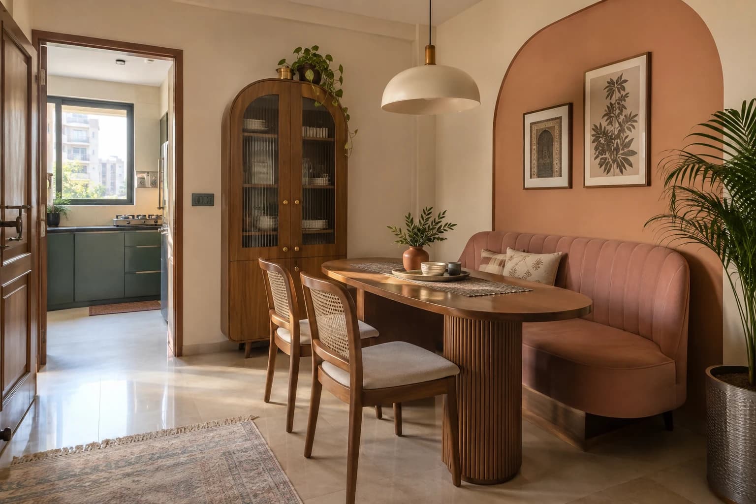 Oval teak dining table with a blush upholstered bench and cane chairs