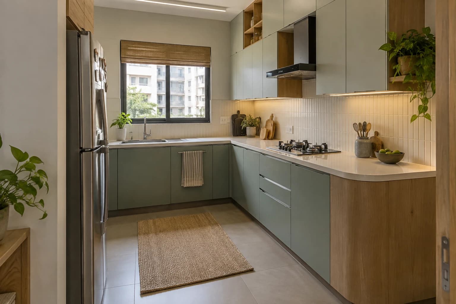 Sage Indian apartment kitchen with a rounded oak cabinet end and conventional straight work zones