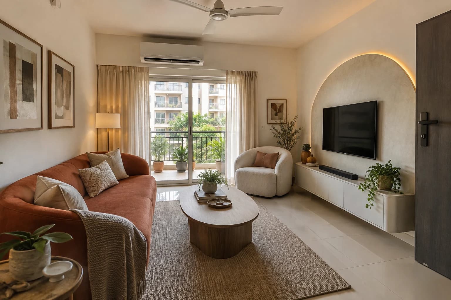 Compact Indian living room with a curved terracotta sofa, oval coffee table and soft-edged cabinetry