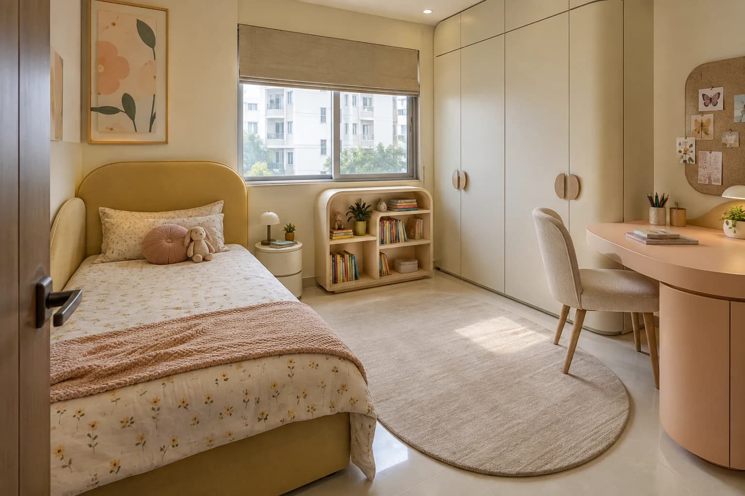 Butter-yellow rounded headboard and softly curved furniture in a children’s room