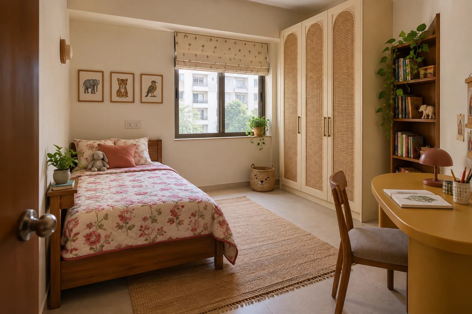 Kids’ room with rose block-print bedding, cane wardrobe panels and an ochre desk