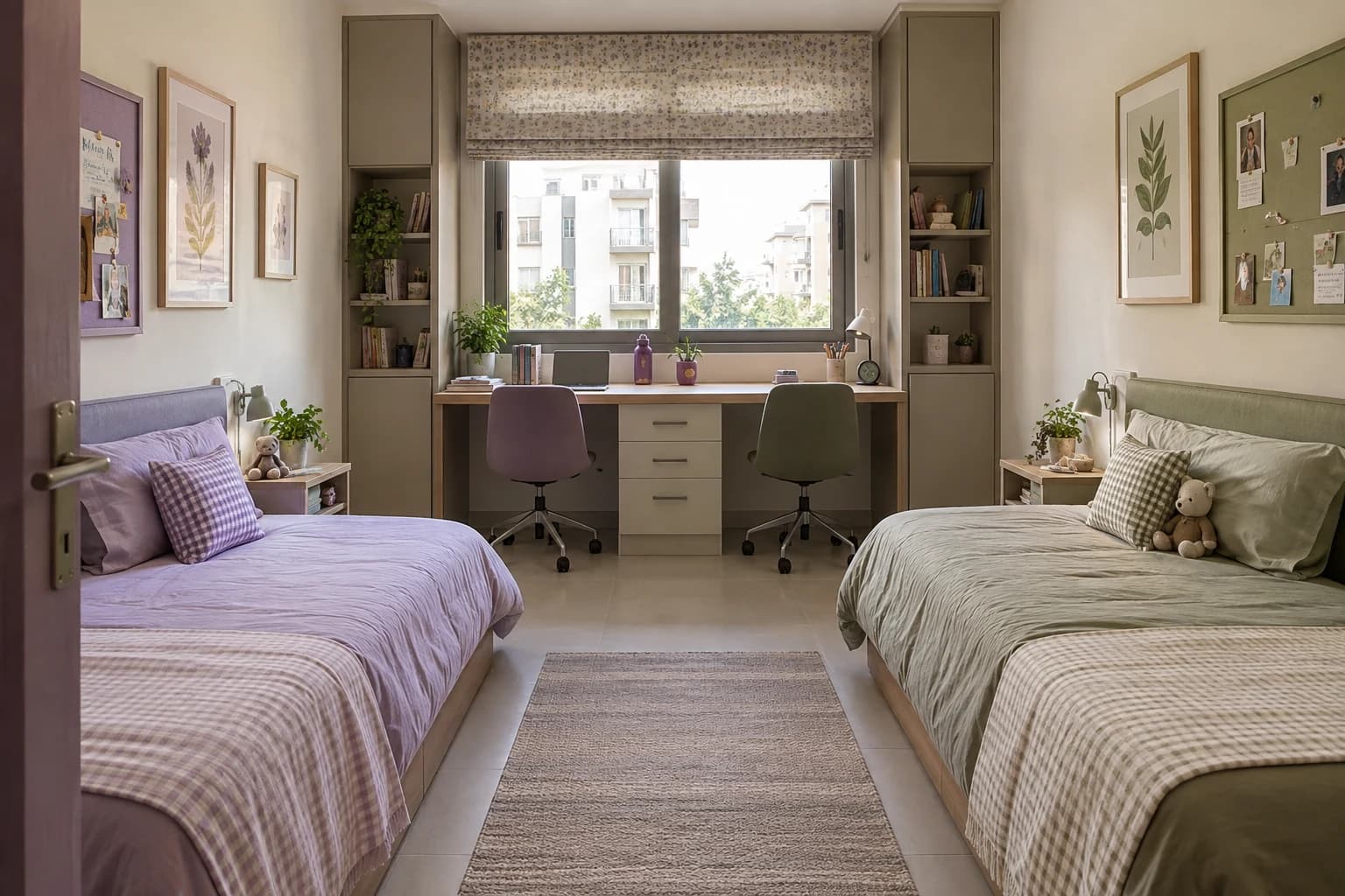 Two low beds with lilac and olive bedding in a shared children’s bedroom