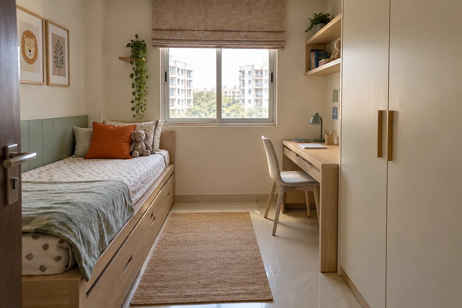 Compact neutral kids’ bedroom with single bed, under-bed drawers and a study desk