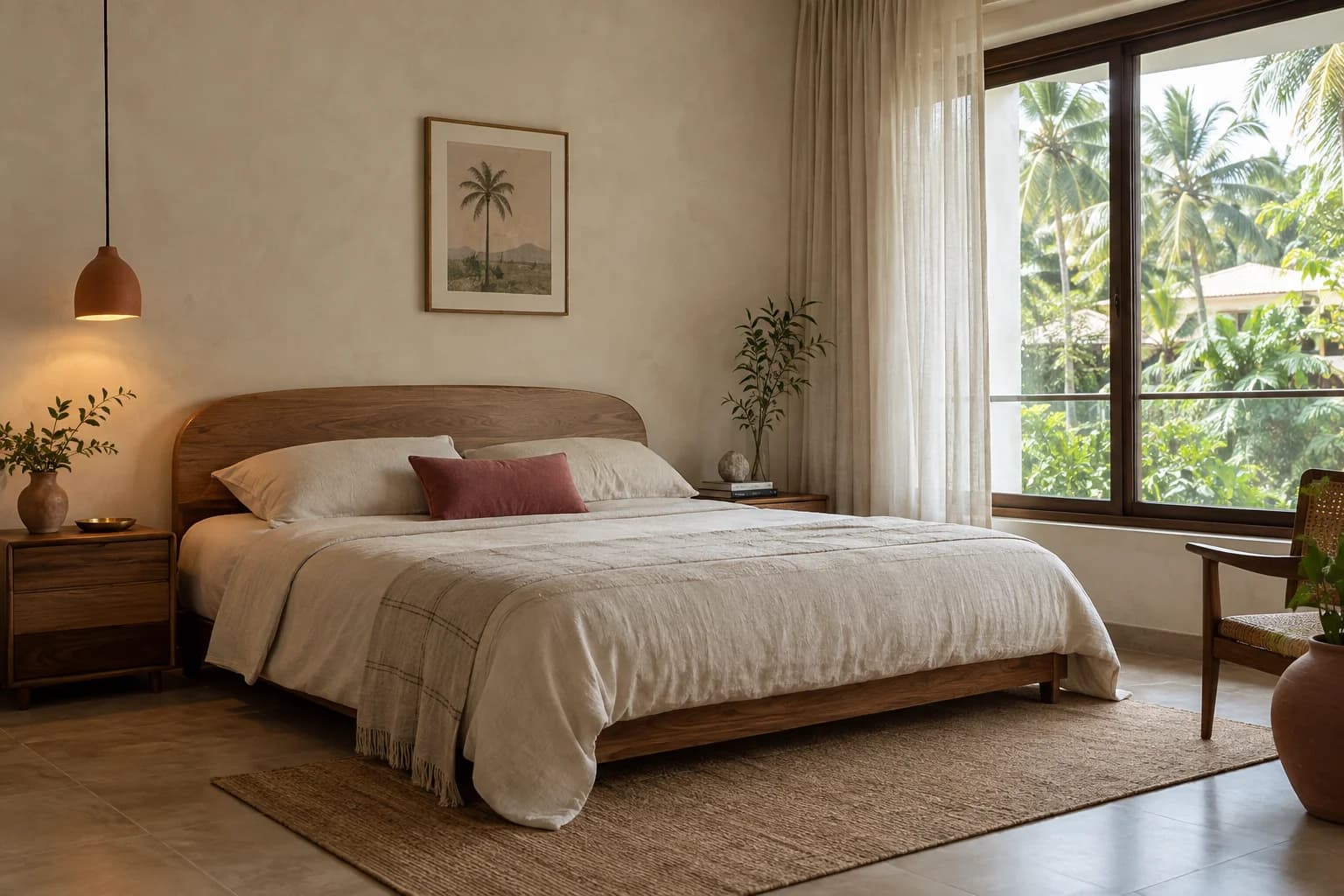 Restful bedroom with ivory linen, oak and gentle daylight through a garden-facing window