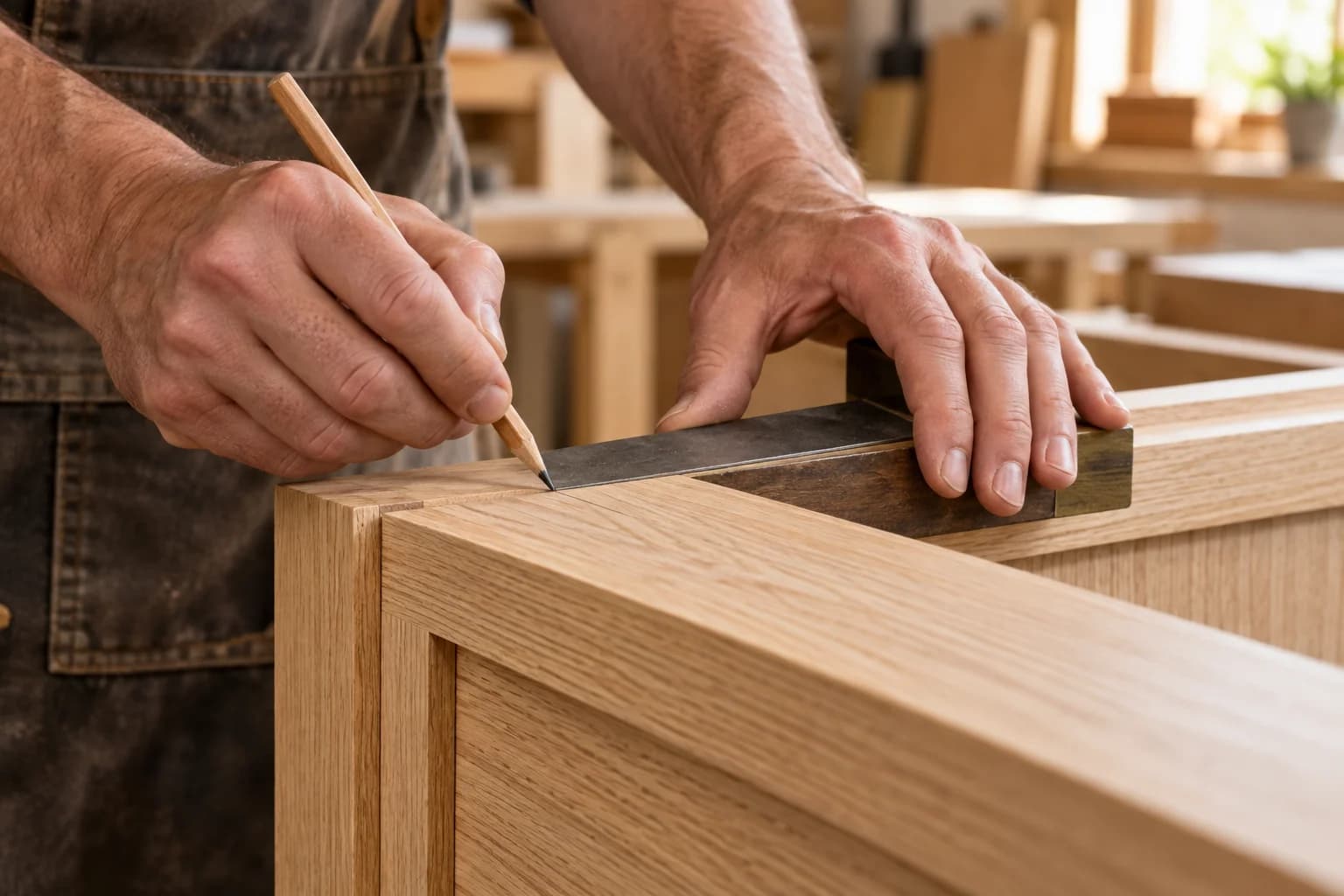 Close-up of careful woodworking and natural timber in an interior workshop