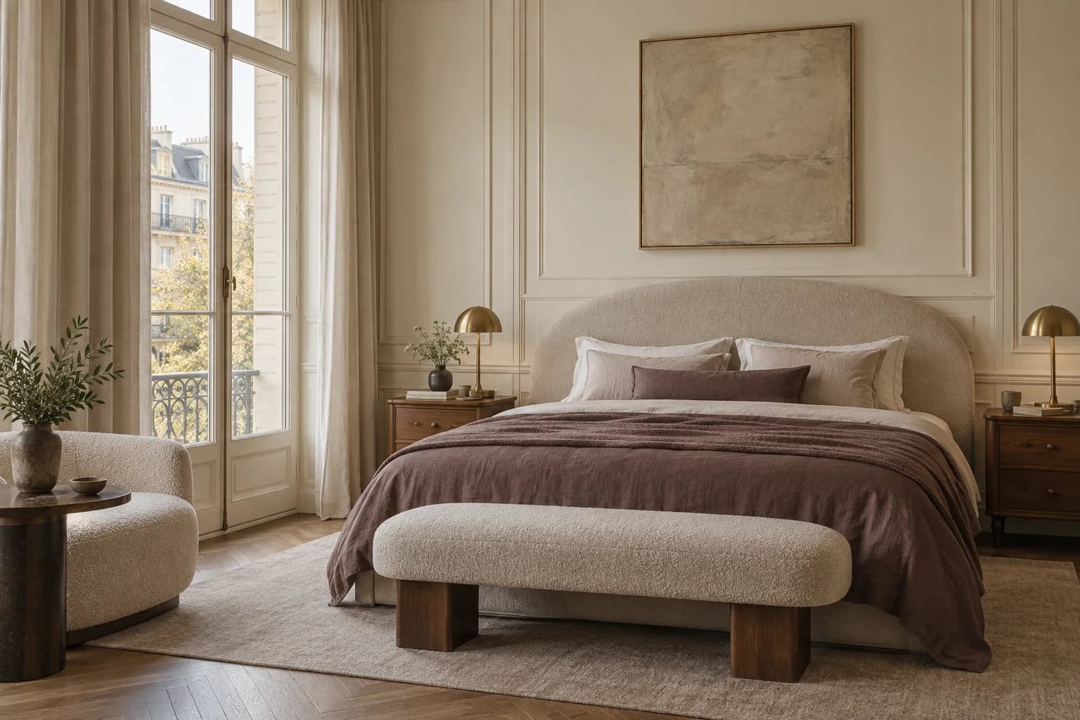 Bedroom with a rounded cream headboard, mauve bedding, brass lamps and ivory wall mouldings.