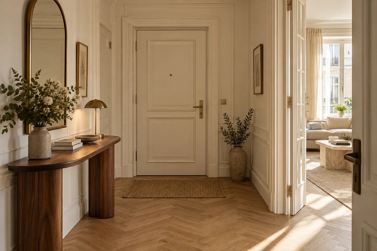 Calm entryway with a slim wooden console, a round mirror and a clear path into the home