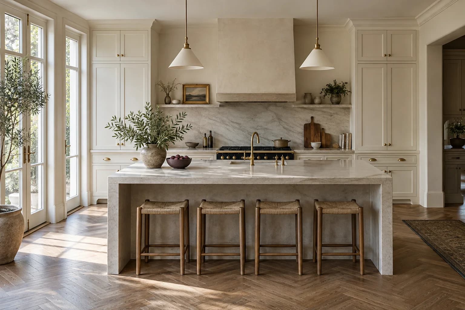 Cream panelled kitchen with a stone island, brass tap, woven stools and herringbone wood floor.