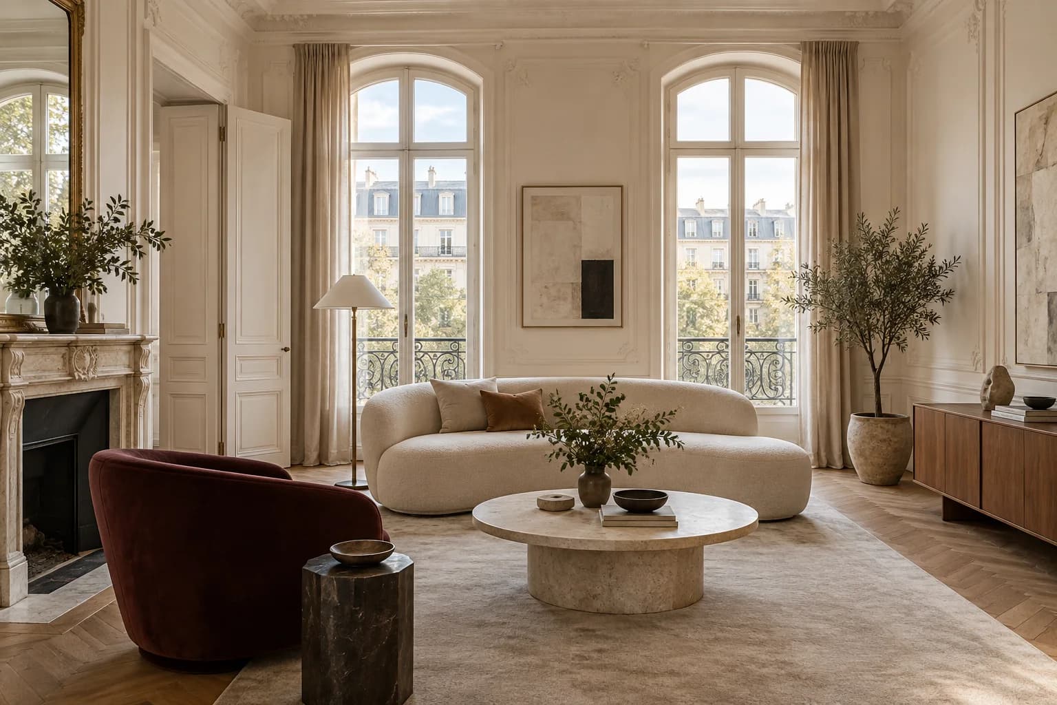 Living room with a curved cream sofa, burgundy armchair, round stone table and tall arched windows.