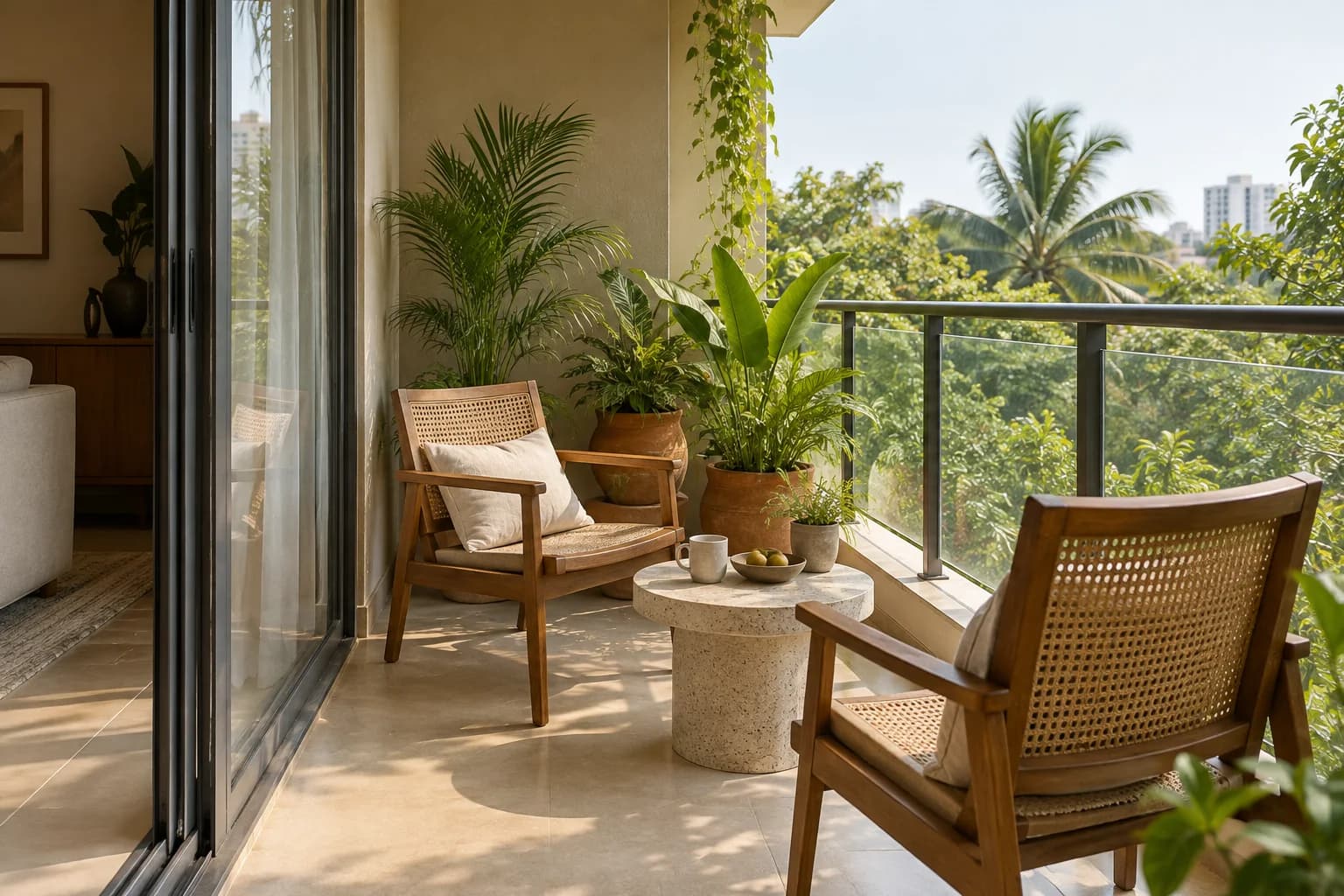 Balcony with two wood and cane chairs, a round stone table and tropical plants beside a glass railing.