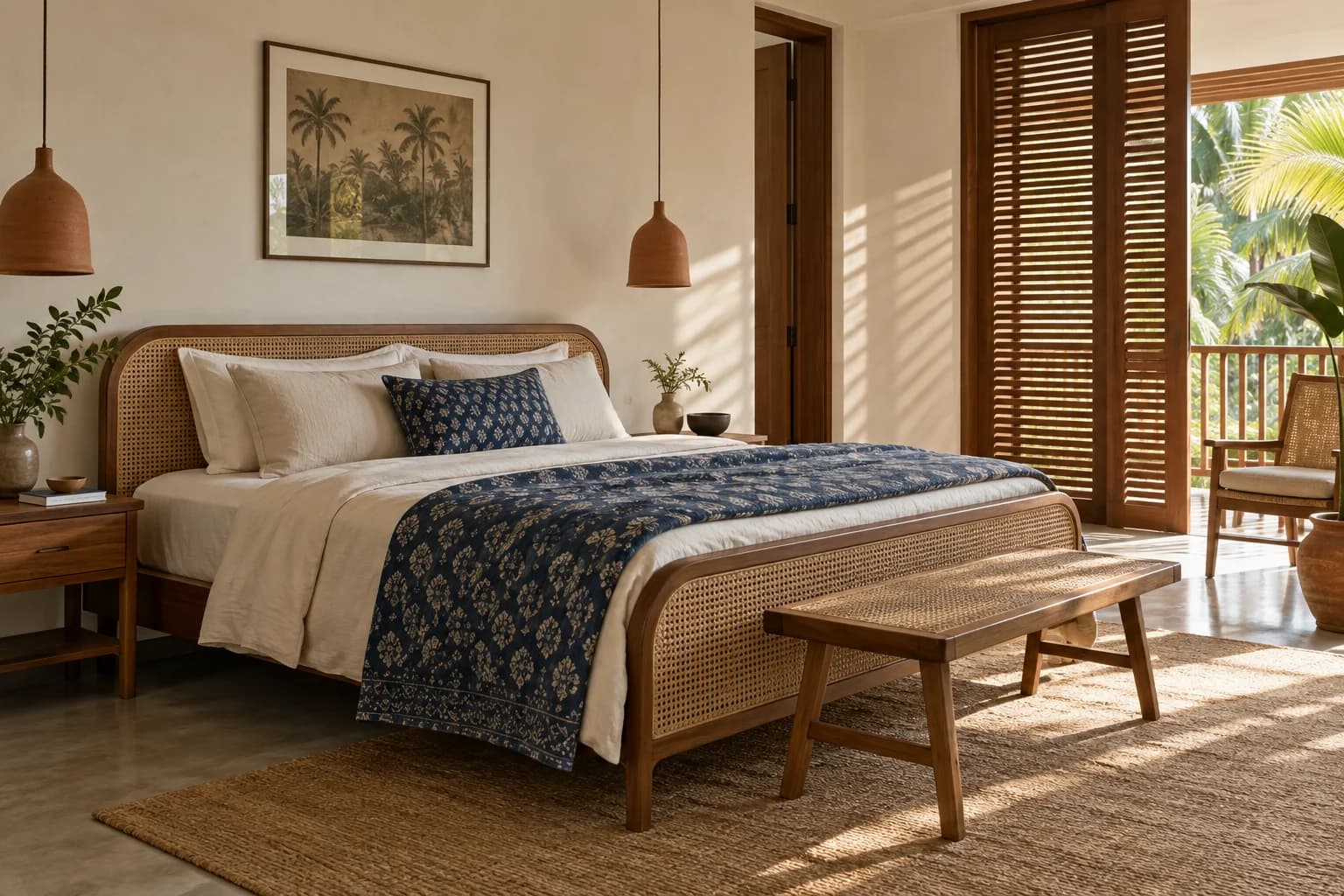 Bedroom with a wood and cane bed, indigo floral quilt, terracotta pendants and sunlight through wooden shutters.