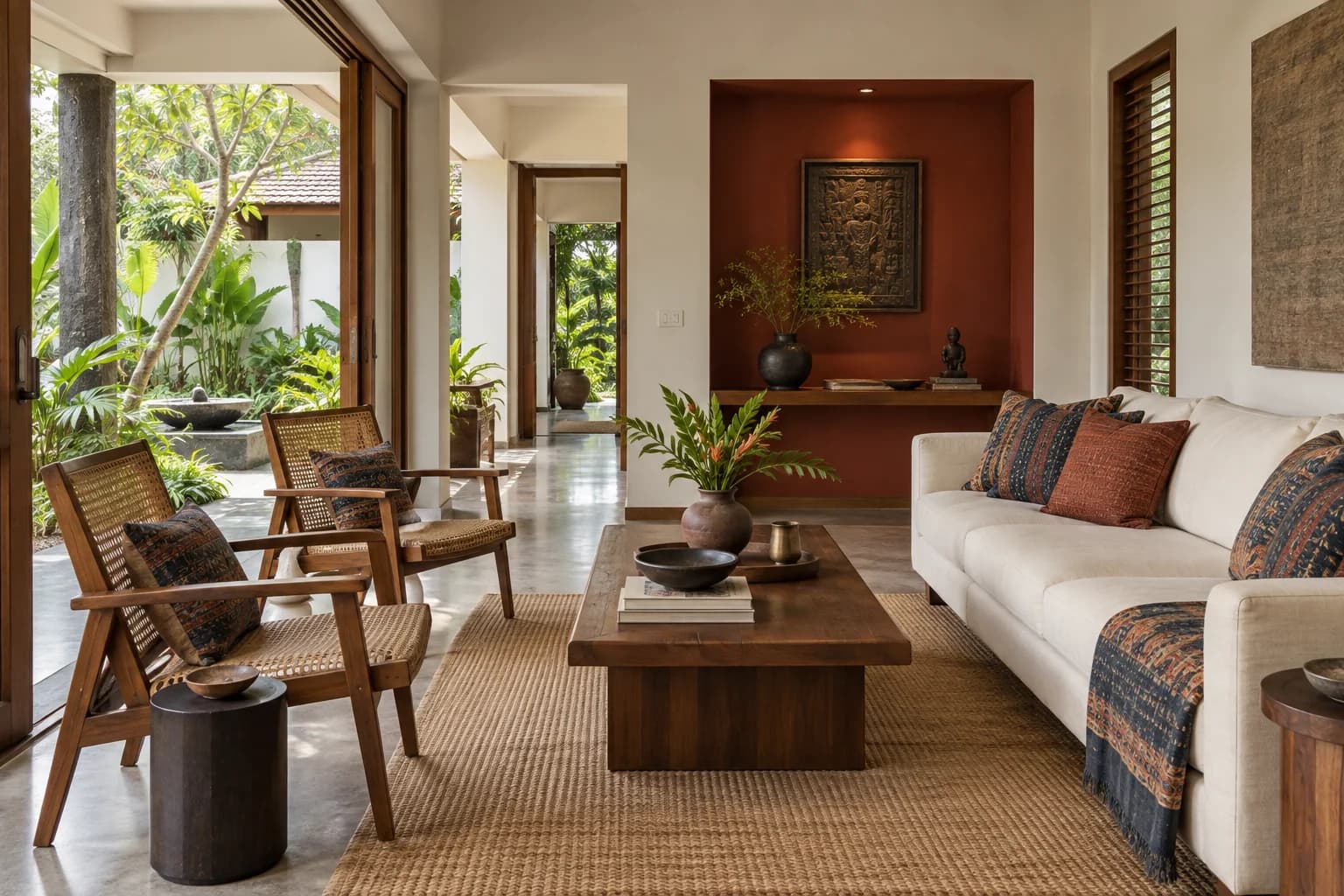 Living room with wood and cane chairs, a cream sofa, rust-and-indigo cushions and a tropical courtyard.