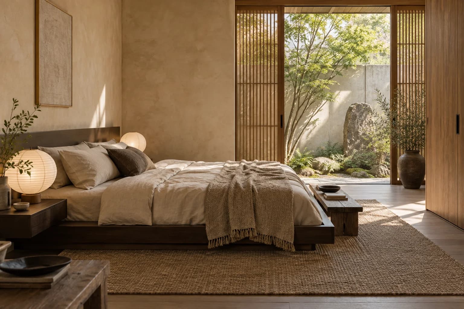 Bedroom with a low dark wood bed, sand-coloured linen and paper lamps beside a garden courtyard.