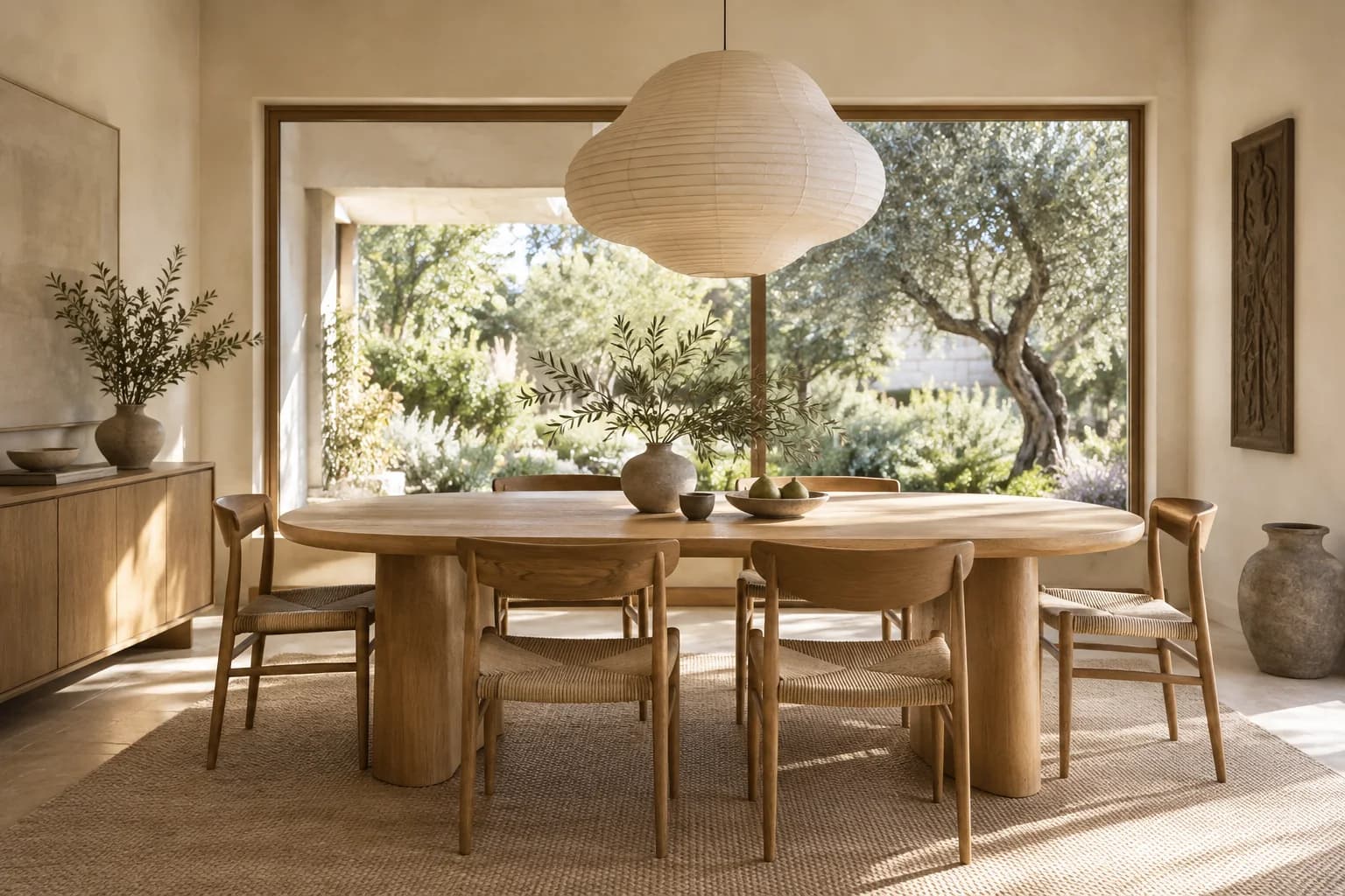 Japandi dining table with woven chairs beside a large window onto a garden