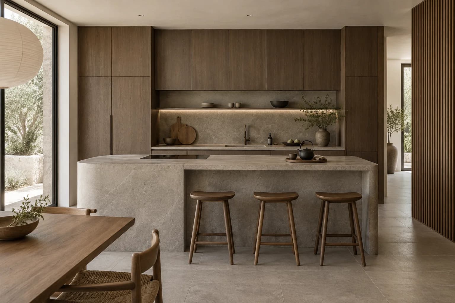 Kitchen with dark wood cabinets, a rounded stone island, wooden stools and a slatted room divider.