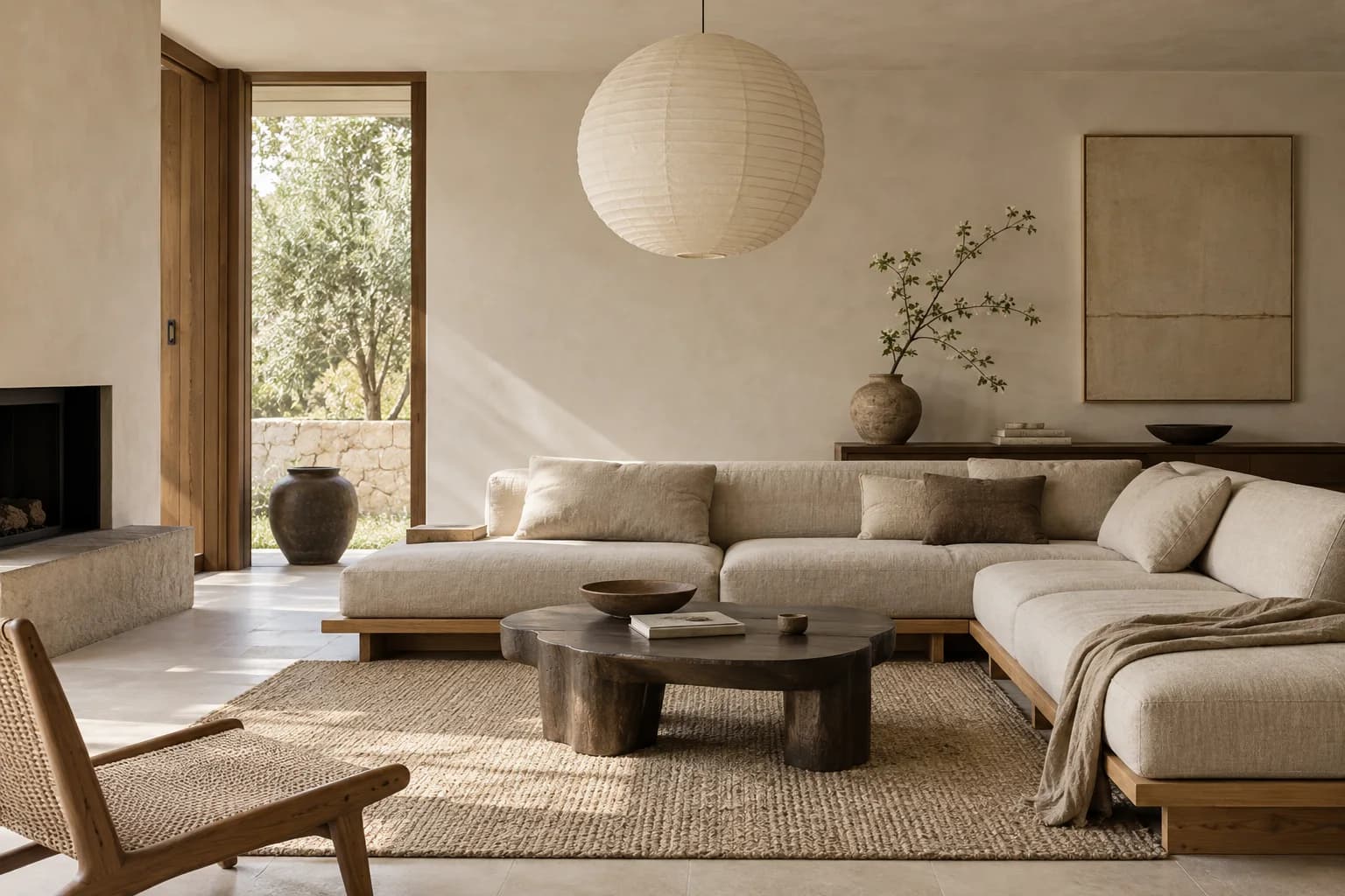 Quiet Japandi living room with warm wood and natural textures