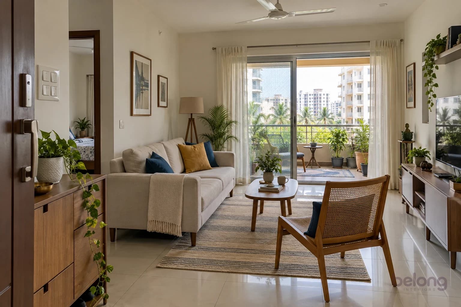 Scandinavian-inspired Indian flat with an oat sofa, cane chair, tiled floor, ceiling fan and a shaded balcony facing neighbouring apartments.