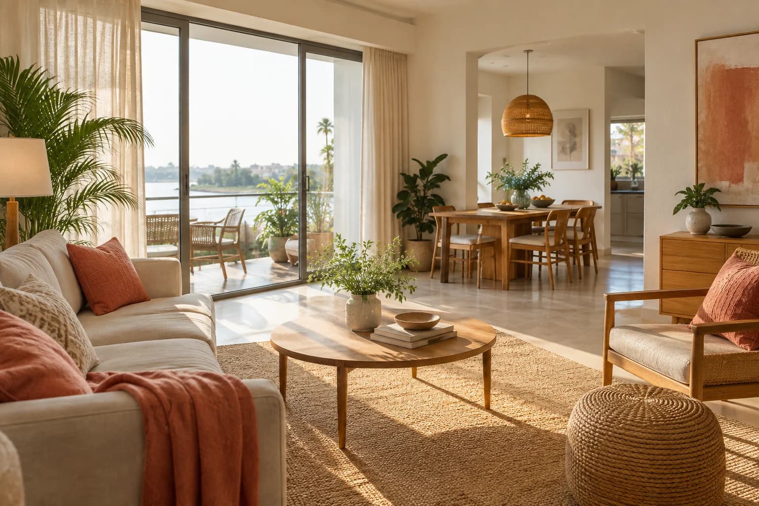 Warm living and dining room with oak furniture, linen curtains and natural light