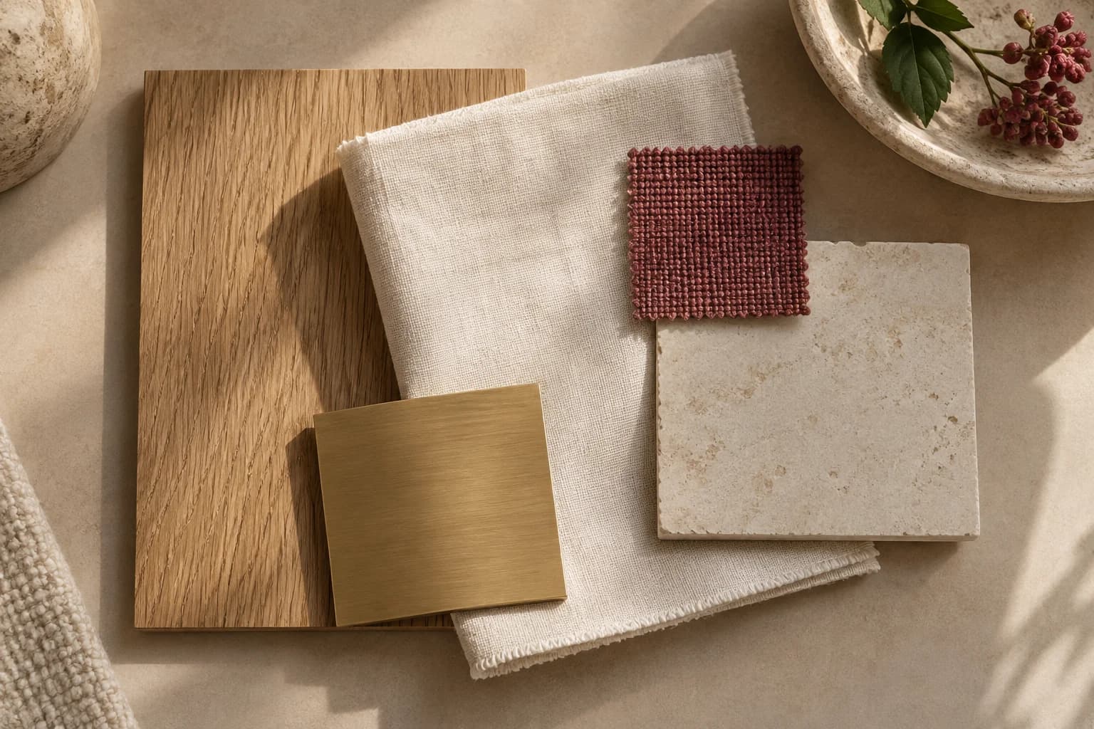 Wood, linen and stone samples arranged in a warm material palette