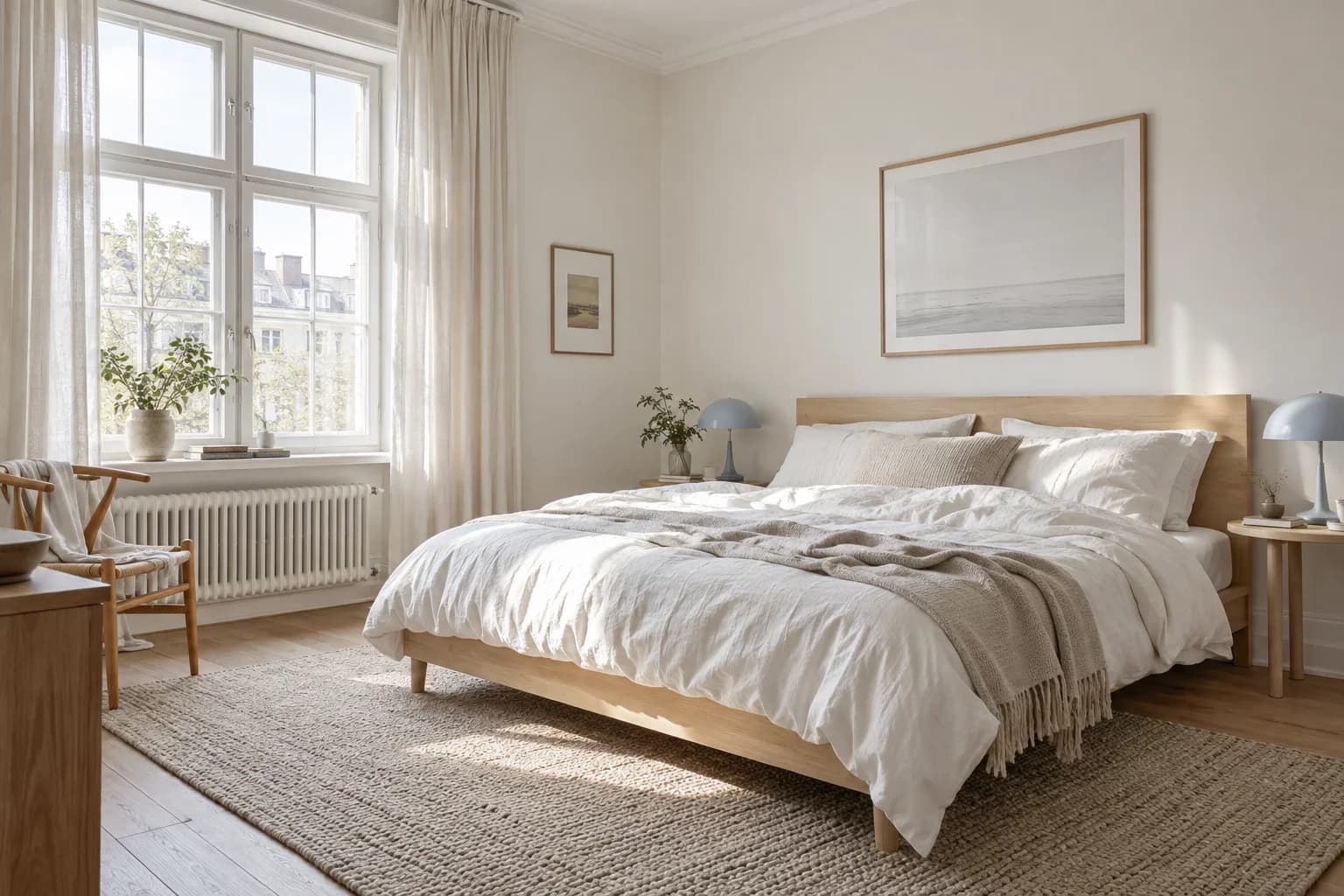 Sunlit bedroom with a pale wood bed, white linen, blue bedside lamps and a textured neutral rug.