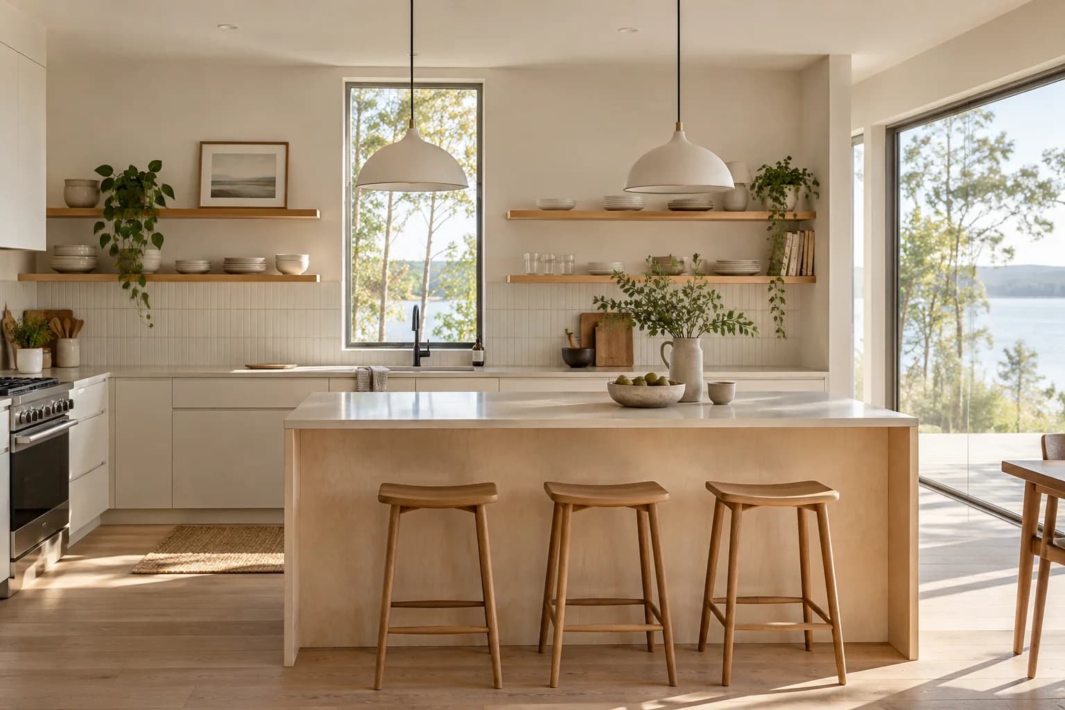 White kitchen with a pale wood island, three stools, open shelves and windows overlooking trees and water.