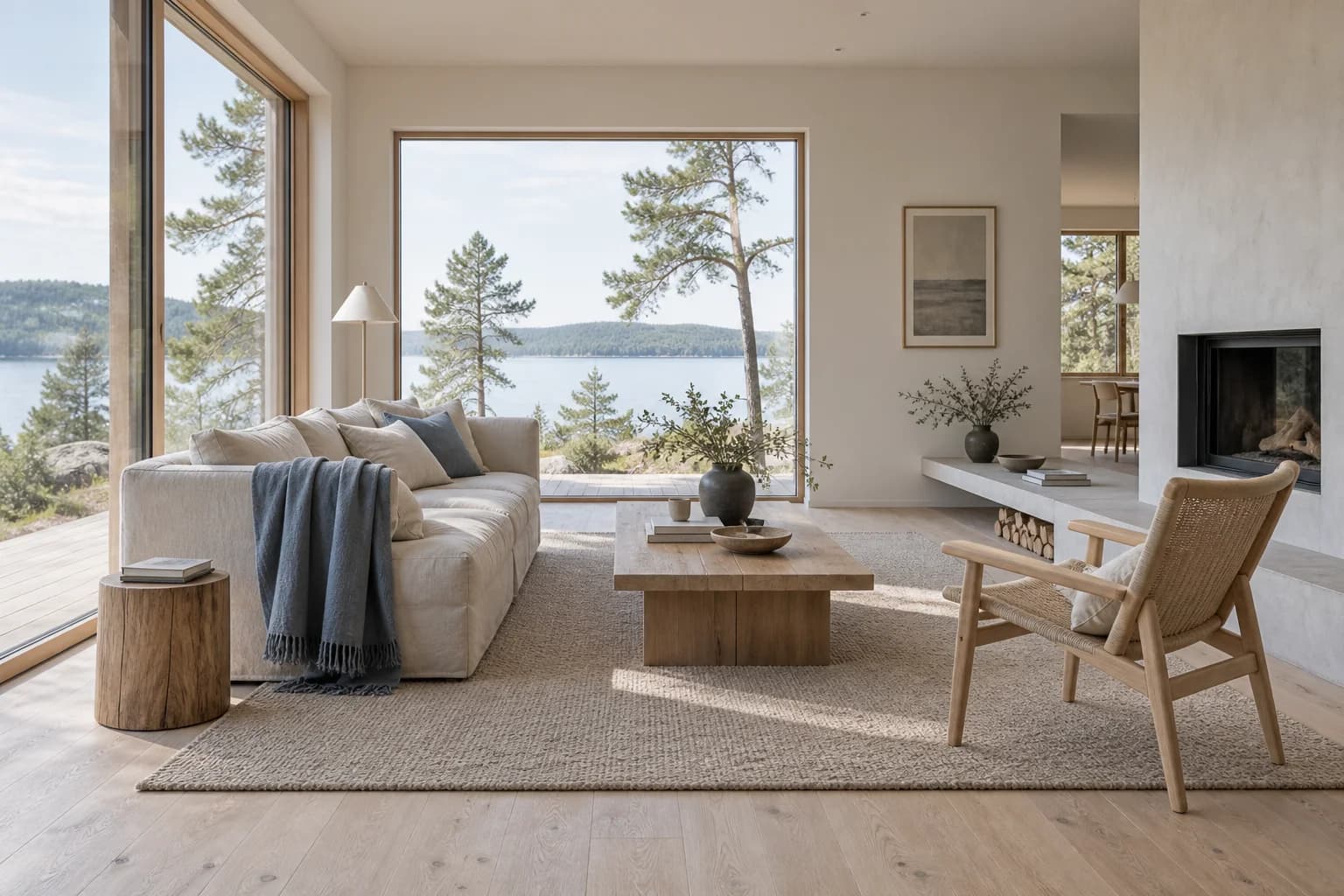 Bright living room with a cream sofa, blue throw, pale wood furniture and large lake-facing windows.