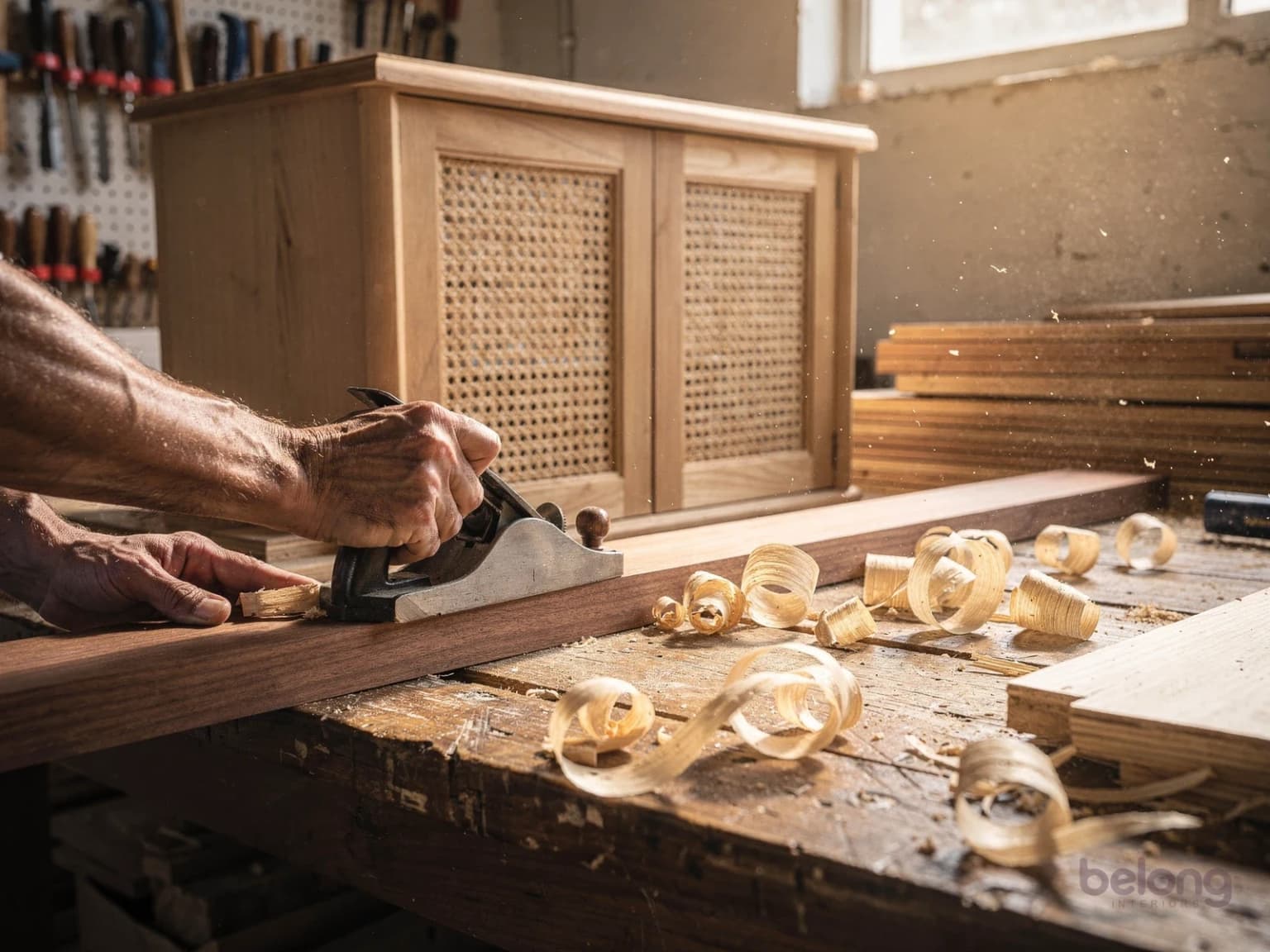 A craftsman planing teak in a workshop, with a cane-panelled cabinet behind