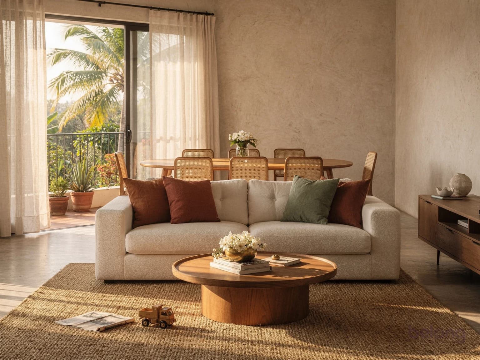 Sunlit open-plan living and dining room with a cream sofa, a round teak table and cane chairs