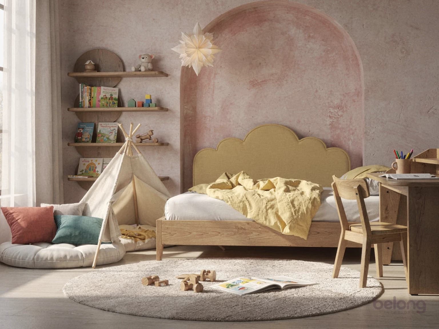 Child’s bedroom with a scalloped yellow bed, a play tent and low oak bookshelves