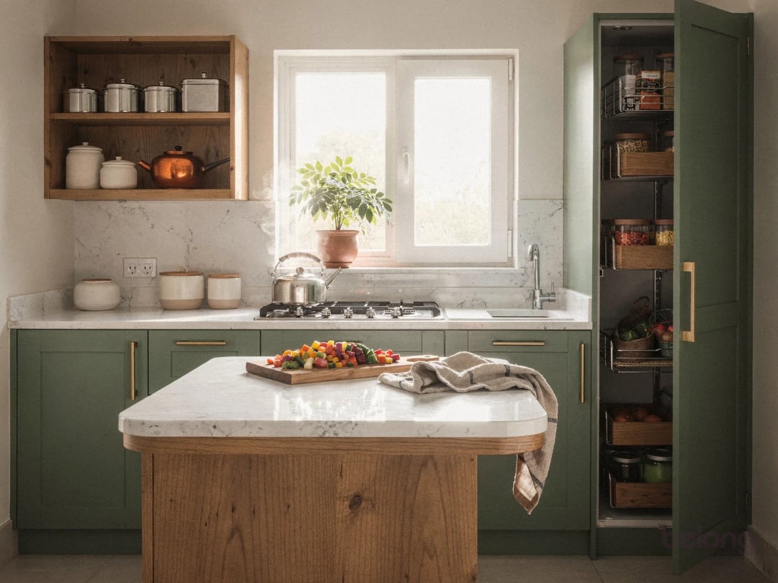 Sage-green kitchen with an oak island, brass handles and a pantry of pull-out baskets