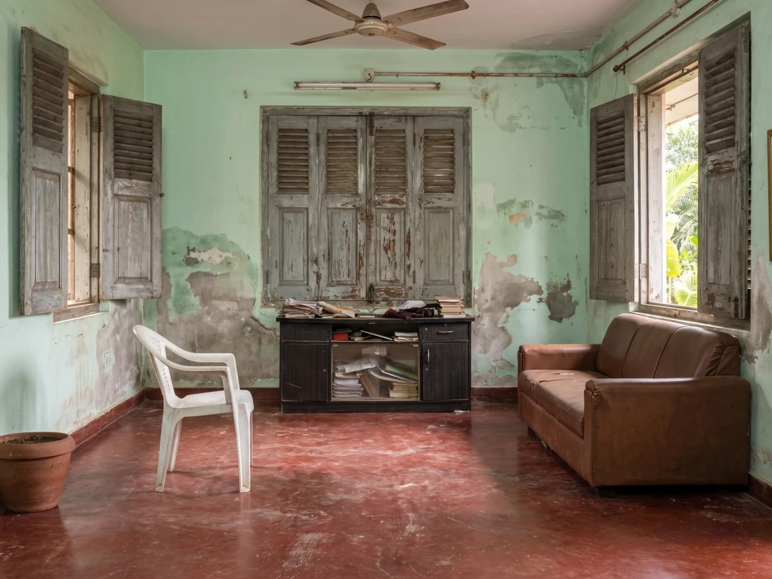 The same room before: damp green walls, a dull floor and a crammed cabinet